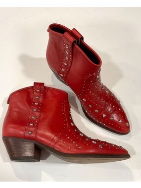 SAM EDELMAN Brian Western Studded Boot Red Leather Size 7